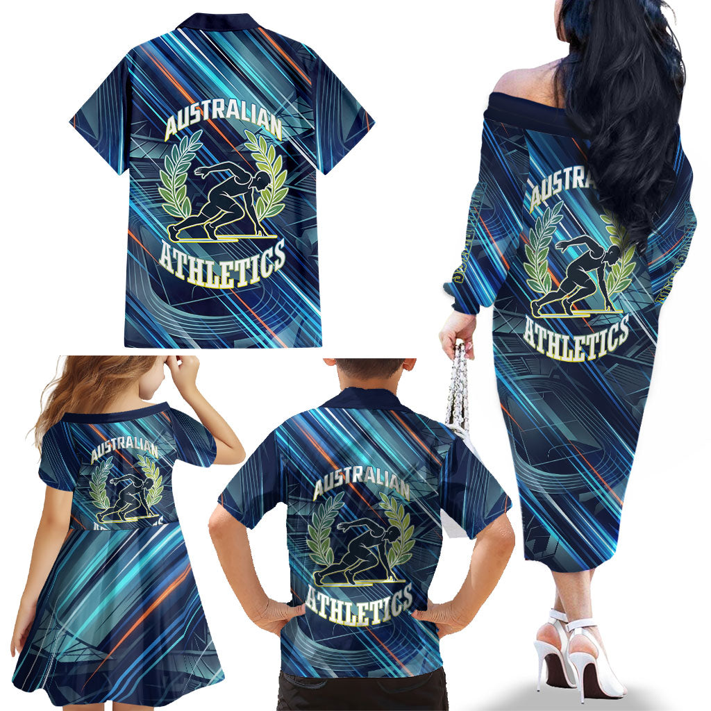 Australian Athletics Family Matching Off The Shoulder Long Sleeve Dress and Hawaiian Shirt Geometric Digital Sport Motion Art