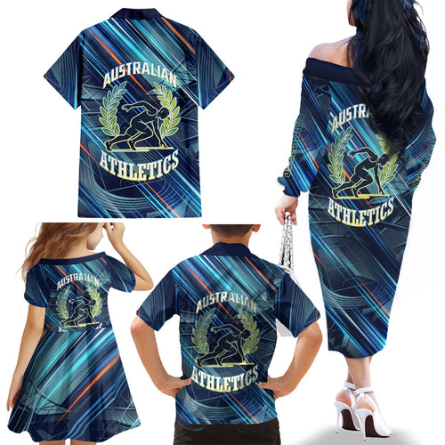 Australian Athletics Family Matching Off The Shoulder Long Sleeve Dress and Hawaiian Shirt Geometric Digital Sport Motion Art
