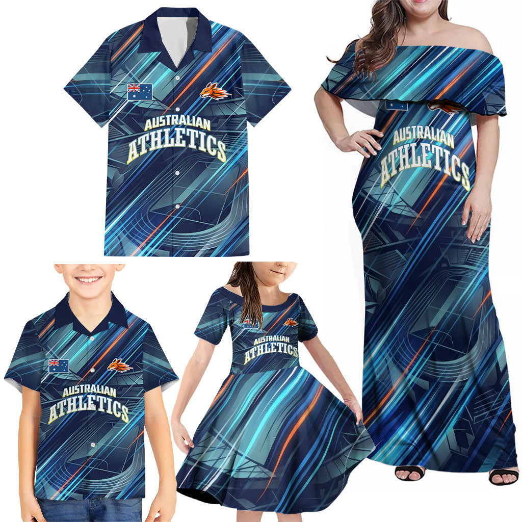 Australian Athletics Family Matching Off Shoulder Maxi Dress and Hawaiian Shirt Geometric Digital Sport Motion Art