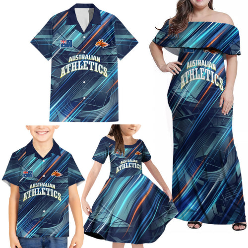 Australian Athletics Family Matching Off Shoulder Maxi Dress and Hawaiian Shirt Geometric Digital Sport Motion Art
