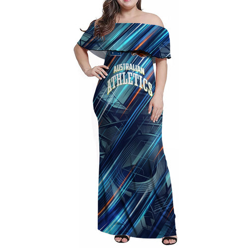 Australian Athletics Family Matching Off Shoulder Maxi Dress and Hawaiian Shirt Geometric Digital Sport Motion Art