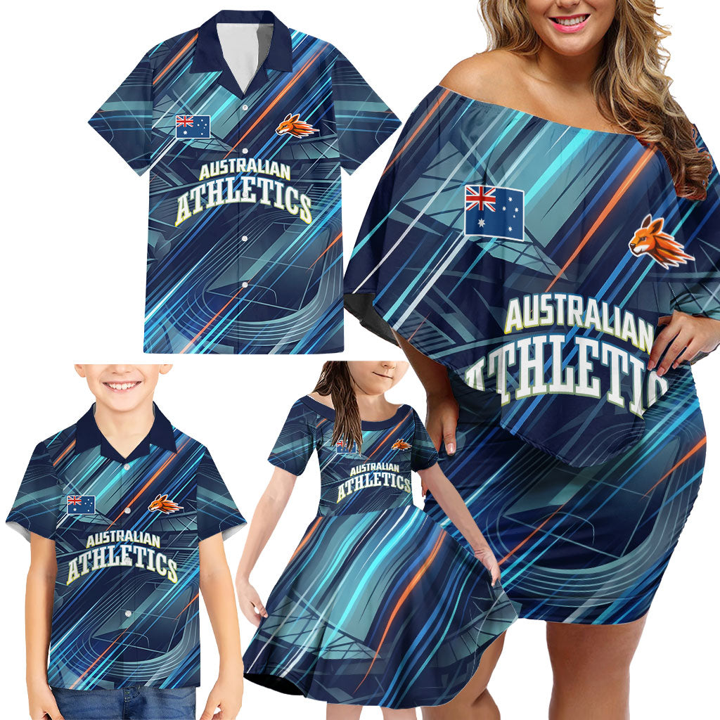 Australian Athletics Family Matching Off Shoulder Short Dress and Hawaiian Shirt Geometric Digital Sport Motion Art