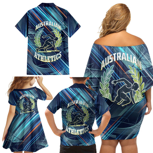 Australian Athletics Family Matching Off Shoulder Short Dress and Hawaiian Shirt Geometric Digital Sport Motion Art