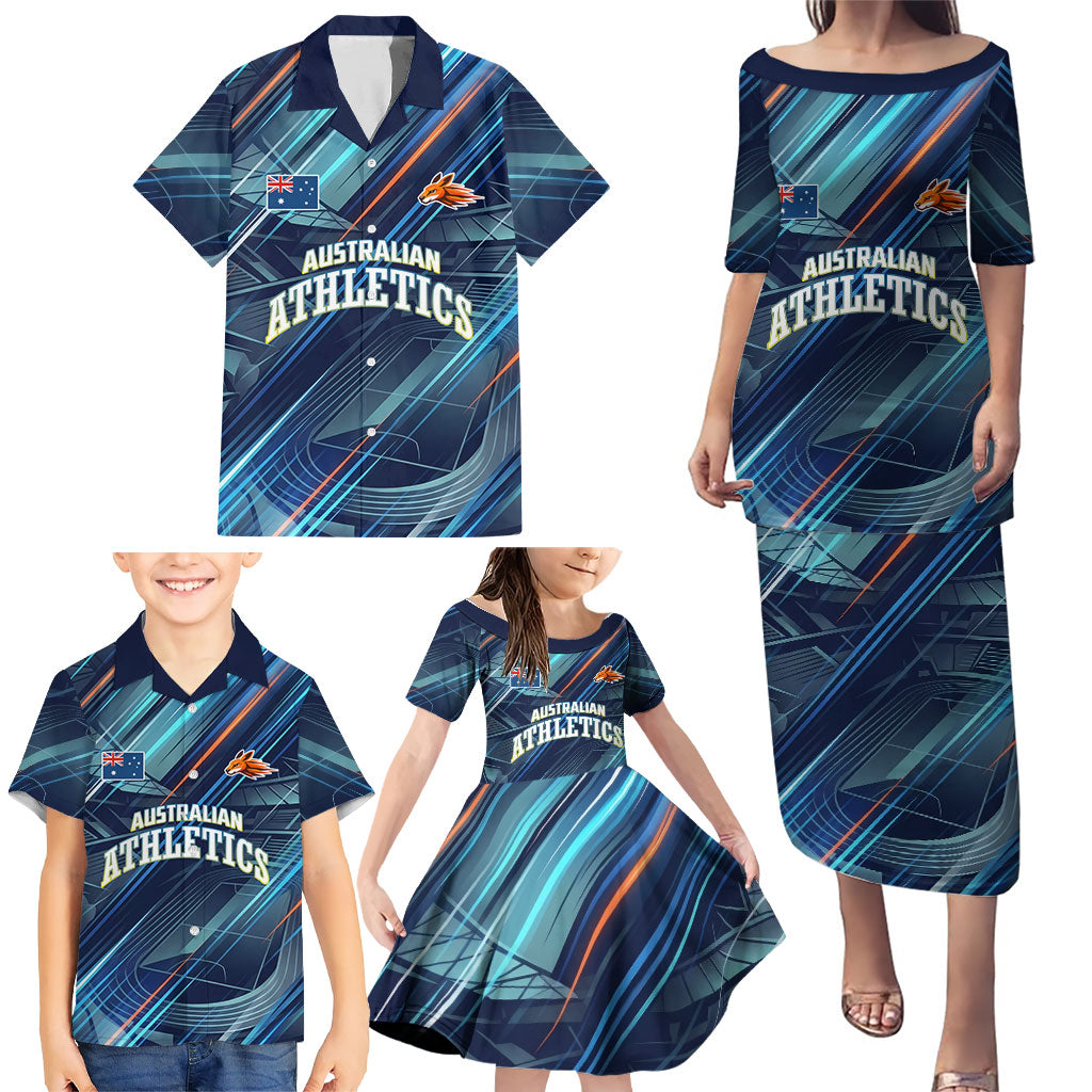 Australian Athletics Family Matching Puletasi and Hawaiian Shirt Geometric Digital Sport Motion Art