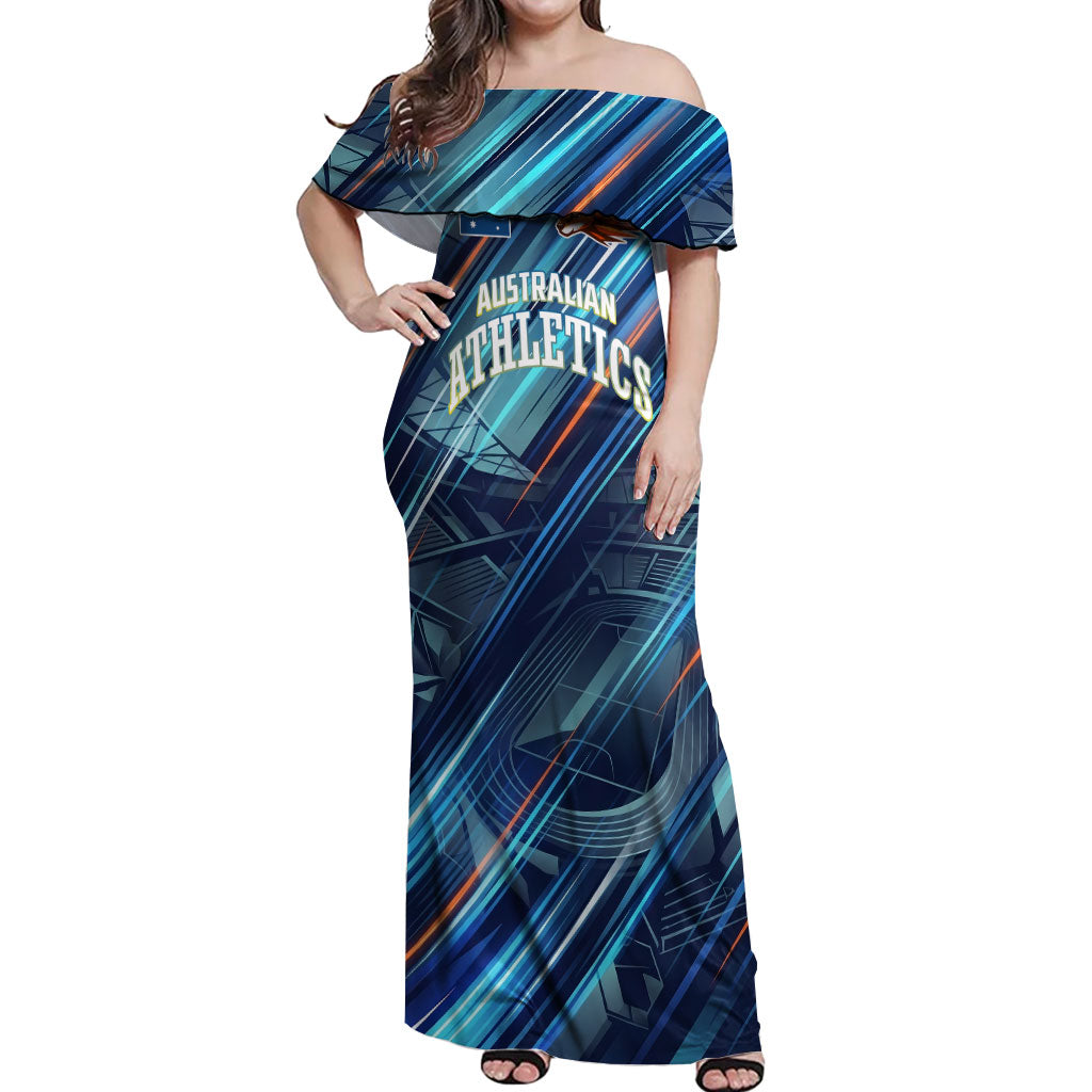 Australian Athletics Off Shoulder Maxi Dress Geometric Digital Sport Motion Art