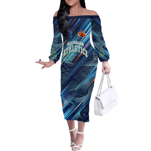 Australian Athletics Off The Shoulder Long Sleeve Dress Geometric Digital Sport Motion Art