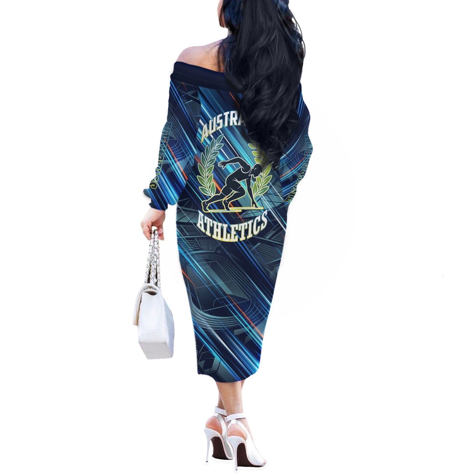 Australian Athletics Off The Shoulder Long Sleeve Dress Geometric Digital Sport Motion Art