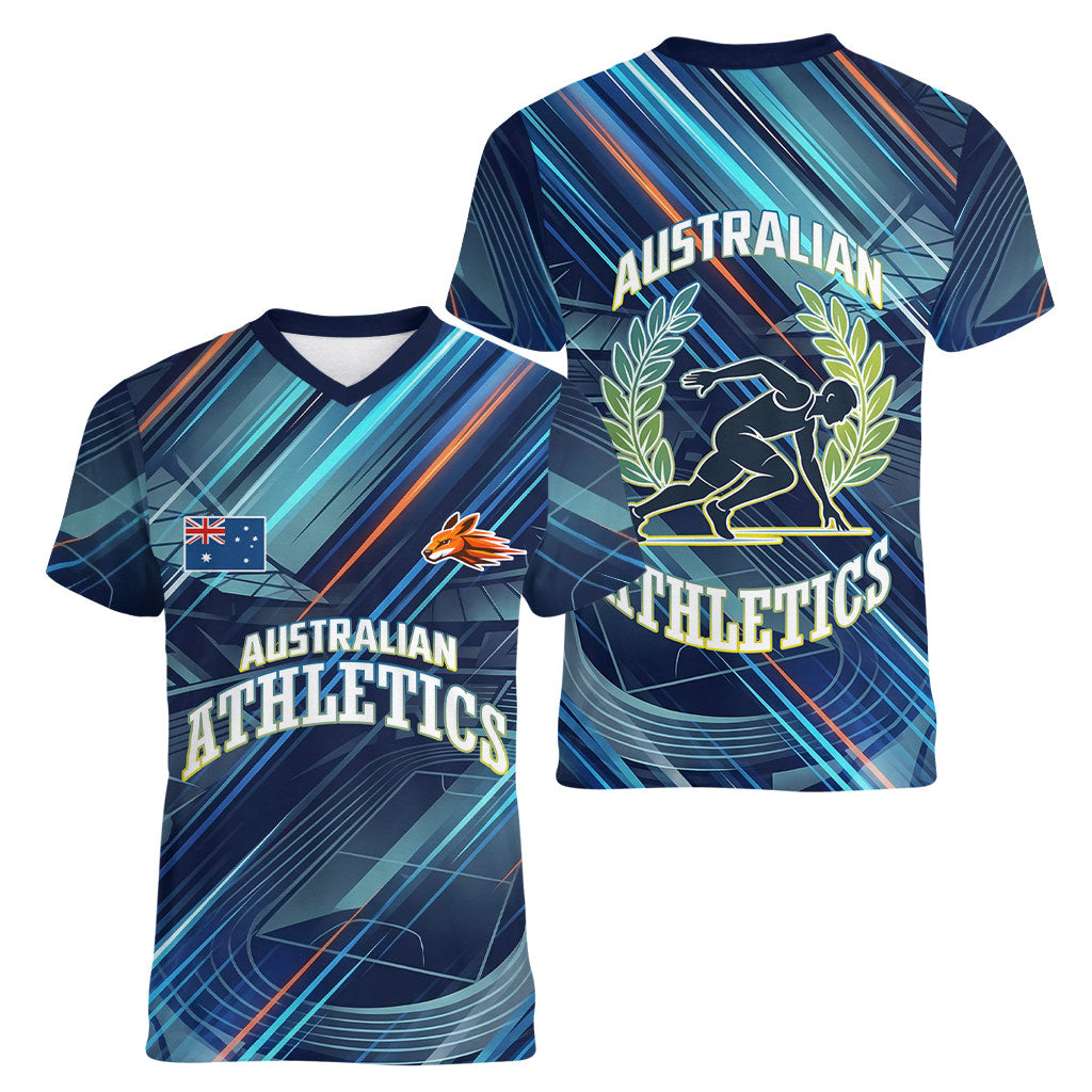 Australian Athletics Women V-Neck T-Shirt Geometric Digital Sport Motion Art