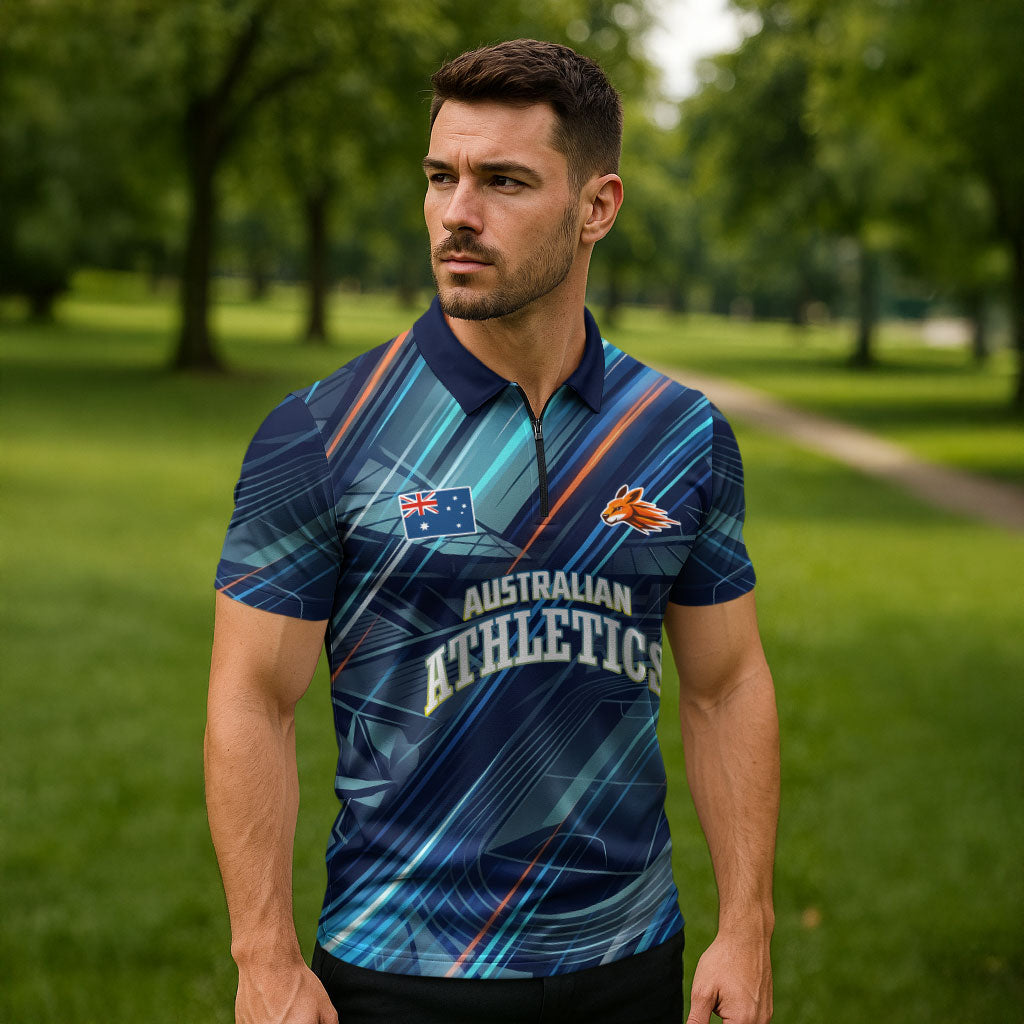 Australian Athletics Zipper Polo Shirt Geometric Digital Sport Motion Art