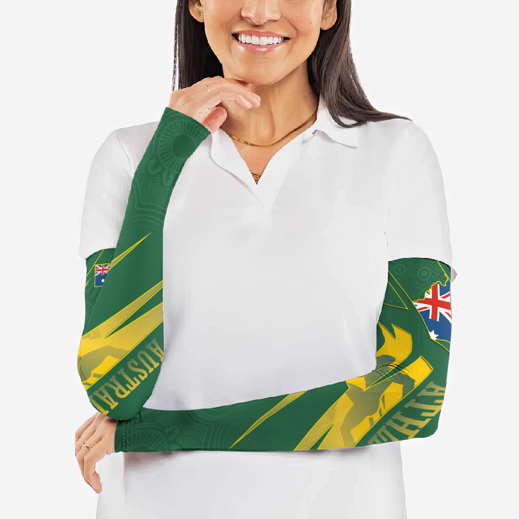 Australia Athletics Arm Sleeves Australian Flag Map Track Runner Silhouette Green Gold