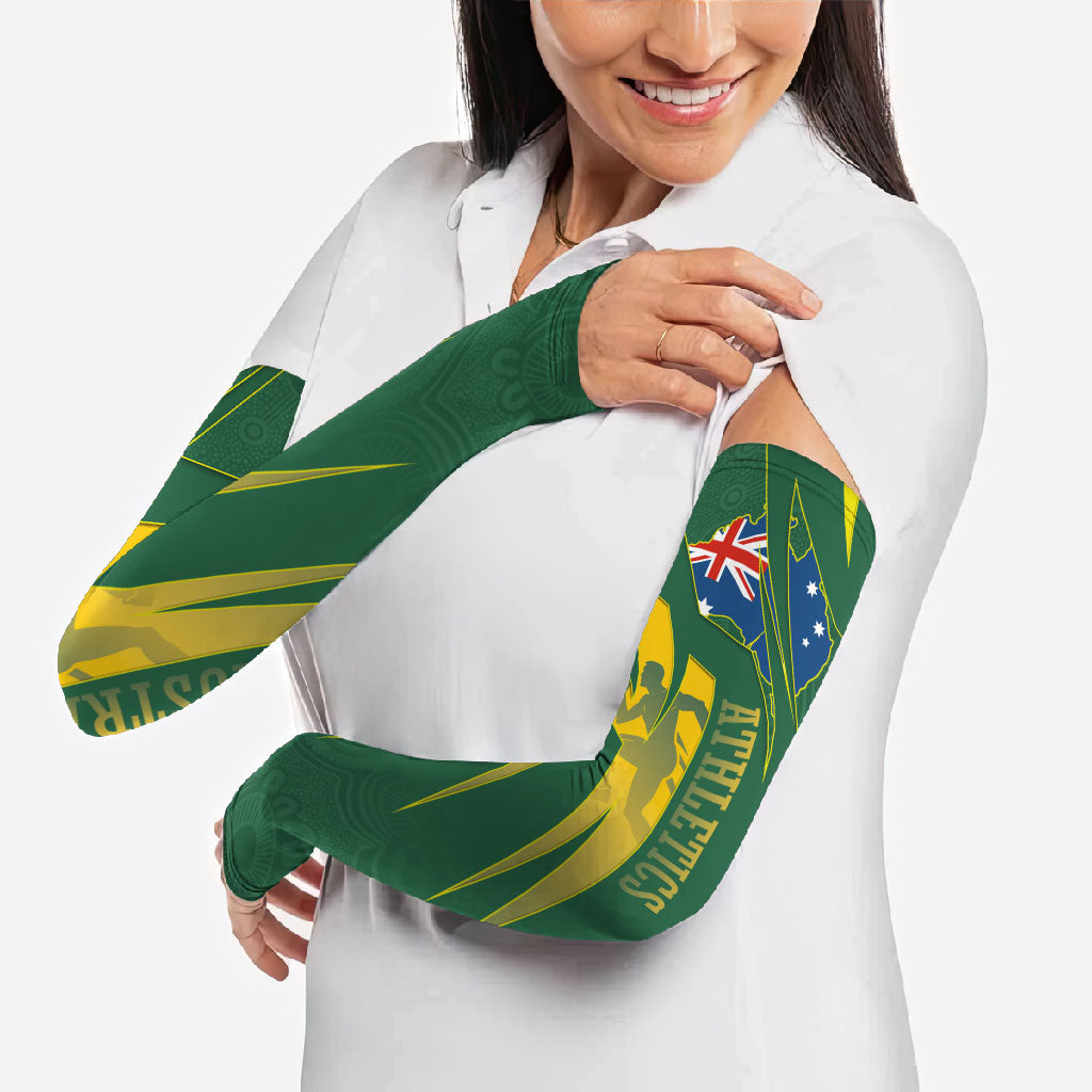 Australia Athletics Arm Sleeves Australian Flag Map Track Runner Silhouette Green Gold