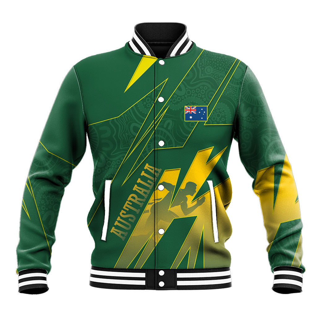 Australia Athletics Baseball Jacket Australian Flag Map Track Runner Silhouette Green Gold