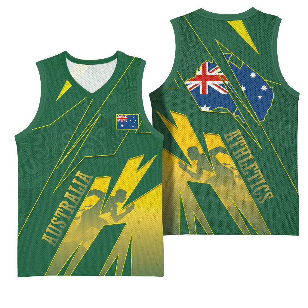 Australia Athletics Basketball Jersey Australian Flag Map Track Runner Silhouette Green Gold