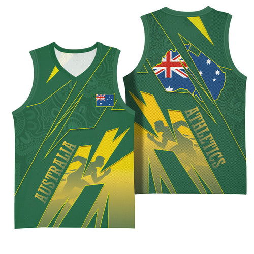 Australia Athletics Basketball Jersey Australian Flag Map Track Runner Silhouette Green Gold