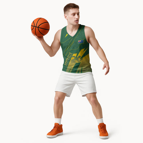 Australia Athletics Basketball Jersey Australian Flag Map Track Runner Silhouette Green Gold