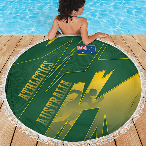 Australia Athletics Beach Blanket Australian Flag Map Track Runner Silhouette Green Gold