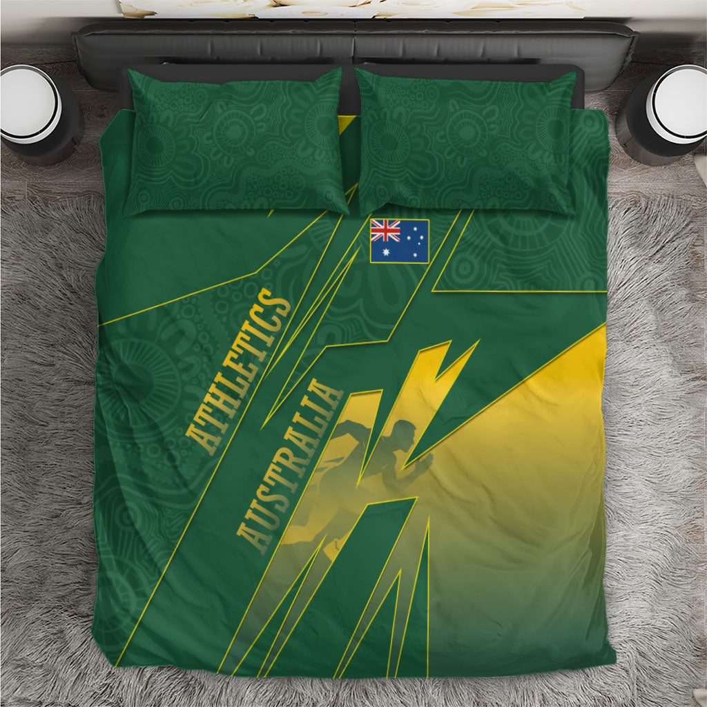 Australia Athletics Bedding Set Australian Flag Map Track Runner Silhouette Green Gold