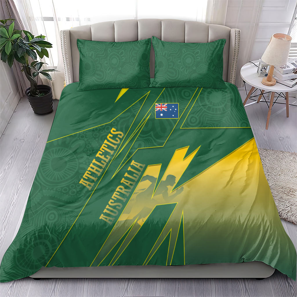 Australia Athletics Bedding Set Australian Flag Map Track Runner Silhouette Green Gold