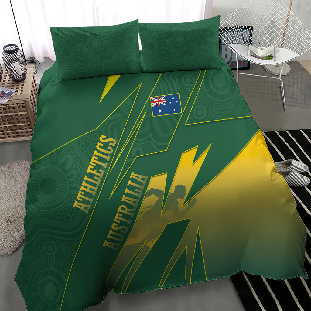 Australia Athletics Bedding Set Australian Flag Map Track Runner Silhouette Green Gold