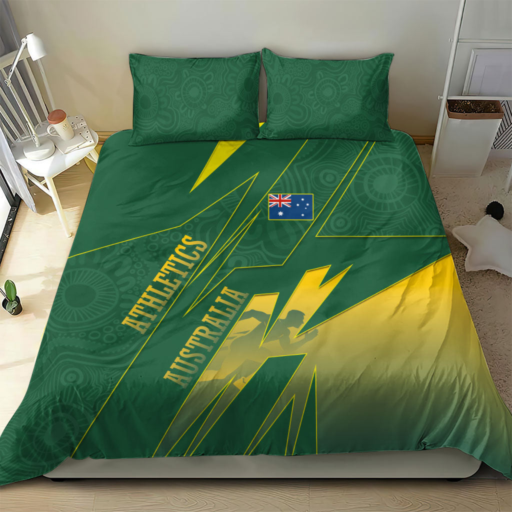 Australia Athletics Bedding Set Australian Flag Map Track Runner Silhouette Green Gold