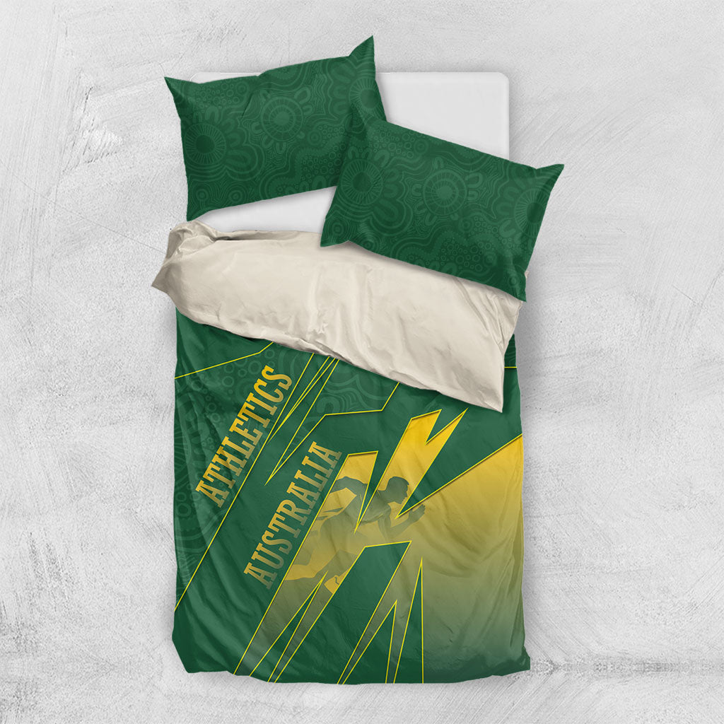 Australia Athletics Bedding Set Australian Flag Map Track Runner Silhouette Green Gold