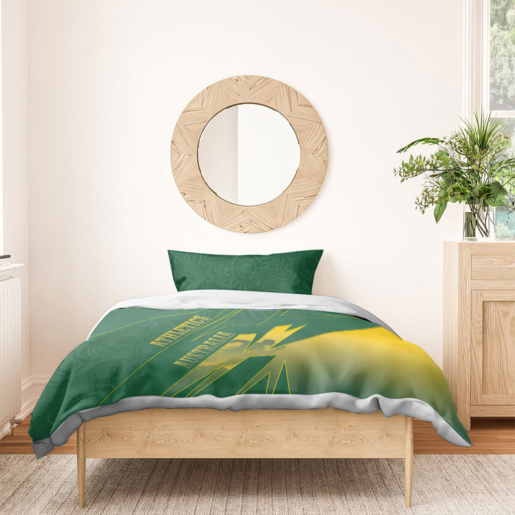 Australia Athletics Bedding Set Australian Flag Map Track Runner Silhouette Green Gold