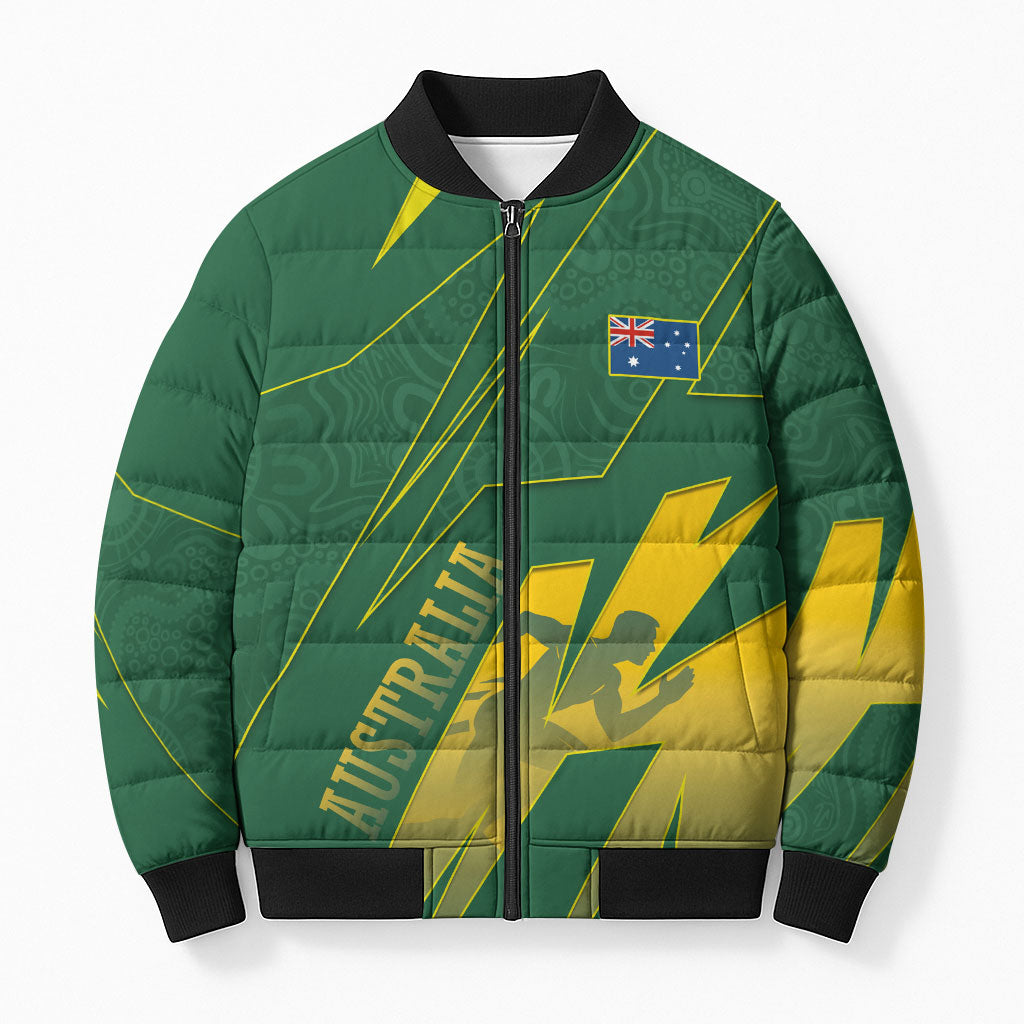 Australia Athletics Bomber Puffer Jacket Australian Flag Map Track Runner Silhouette Green Gold