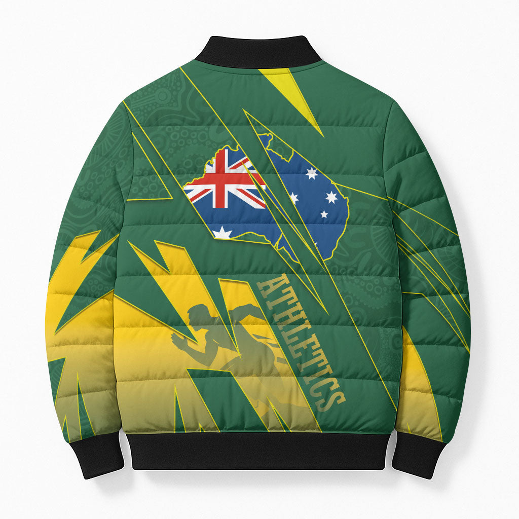 Australia Athletics Bomber Puffer Jacket Australian Flag Map Track Runner Silhouette Green Gold