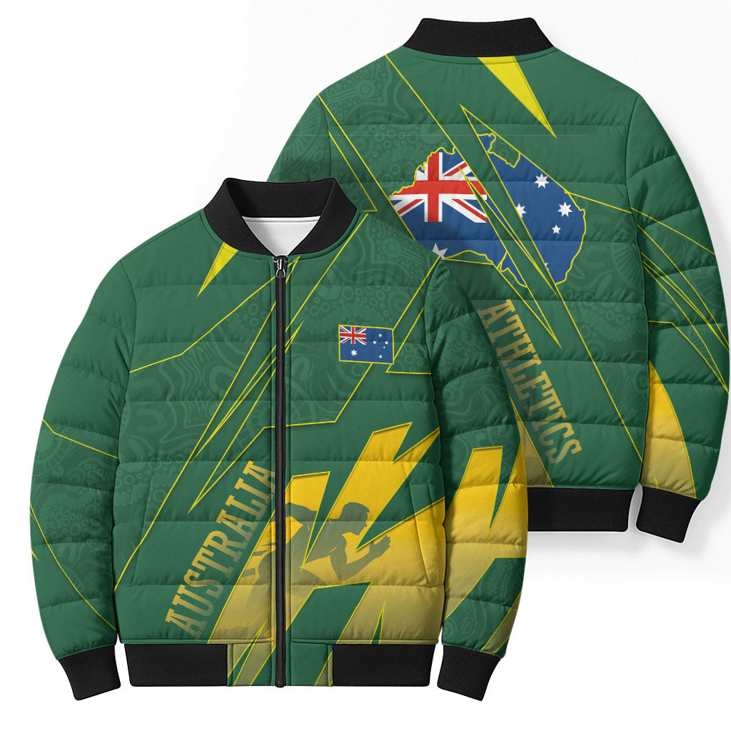 Australia Athletics Bomber Puffer Jacket Australian Flag Map Track Runner Silhouette Green Gold