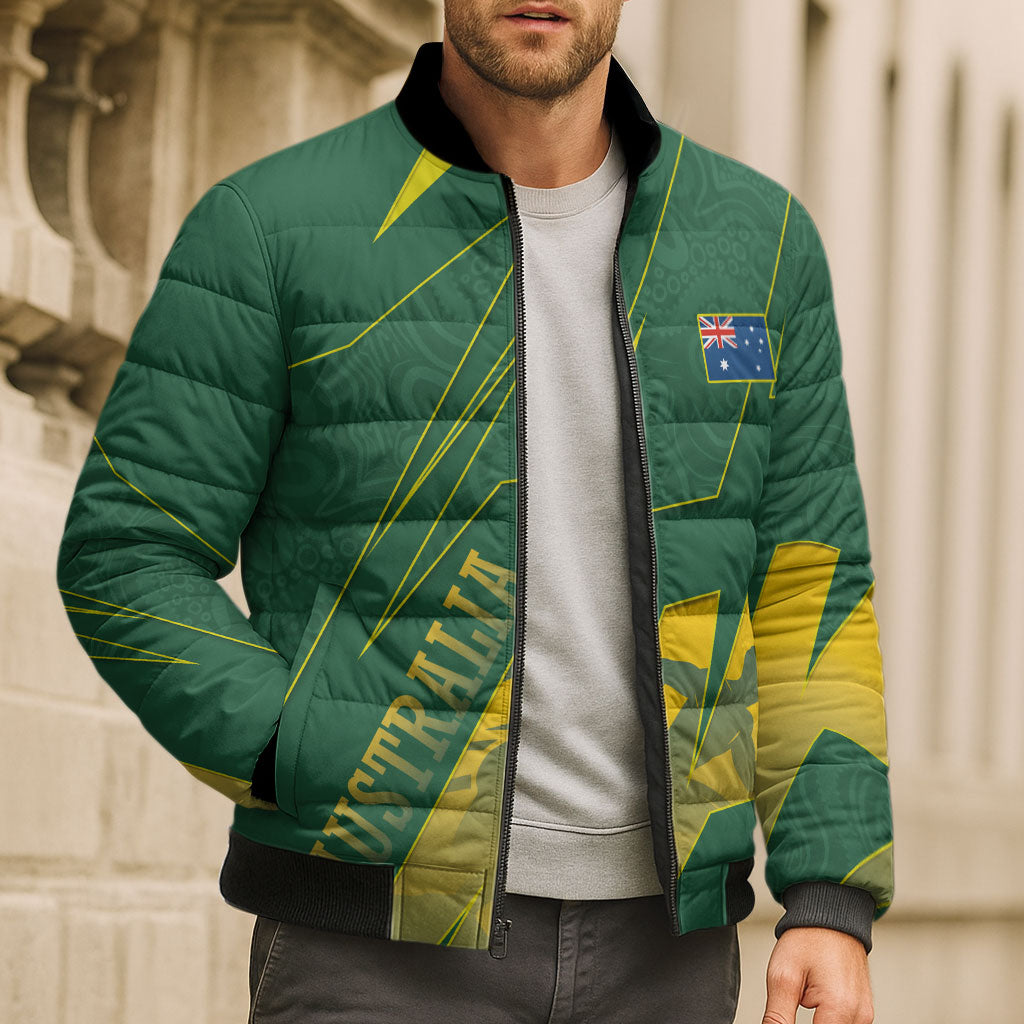 Australia Athletics Bomber Puffer Jacket Australian Flag Map Track Runner Silhouette Green Gold