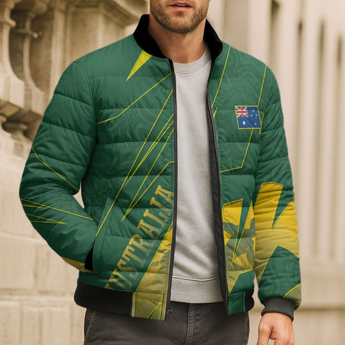 Australia Athletics Bomber Puffer Jacket Australian Flag Map Track Runner Silhouette Green Gold