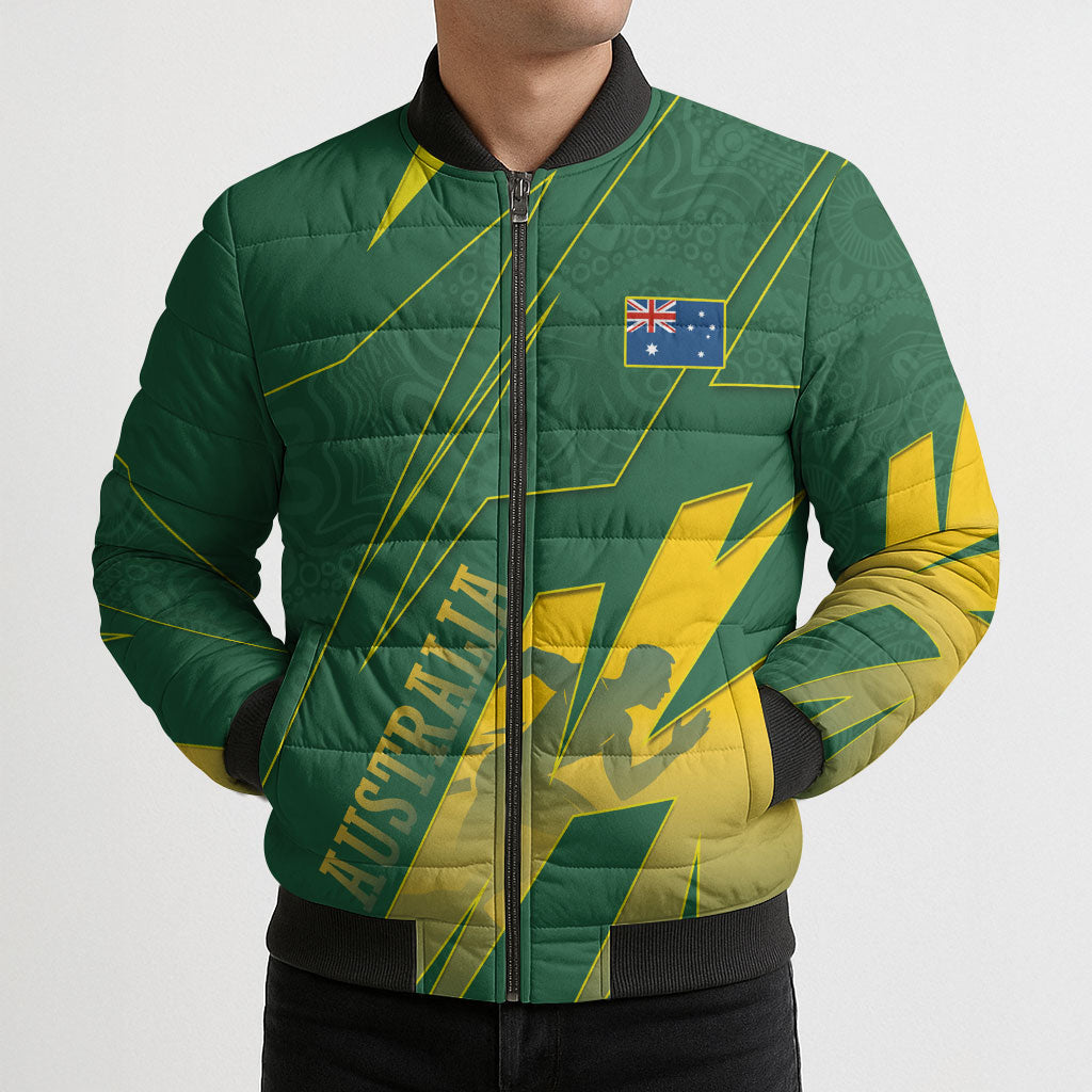 Australia Athletics Bomber Puffer Jacket Australian Flag Map Track Runner Silhouette Green Gold