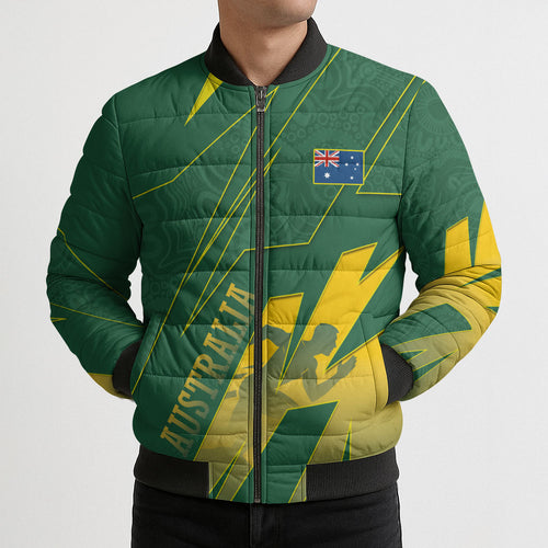 Australia Athletics Bomber Puffer Jacket Australian Flag Map Track Runner Silhouette Green Gold