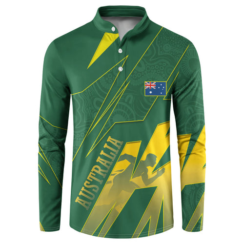 Australia Athletics Button Sweatshirt Australian Flag Map Track Runner Silhouette Green Gold