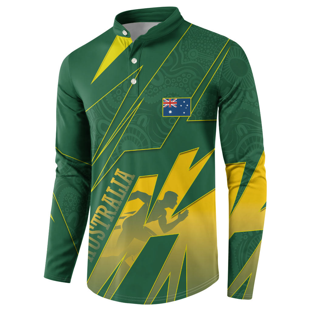 Australia Athletics Button Sweatshirt Australian Flag Map Track Runner Silhouette Green Gold