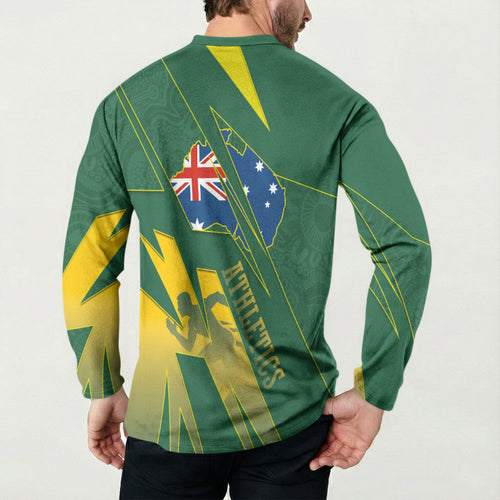 Australia Athletics Button Sweatshirt Australian Flag Map Track Runner Silhouette Green Gold