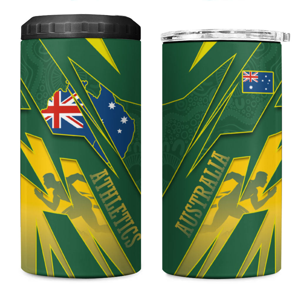 Australia Athletics 4 in 1 Can Cooler Tumbler Australian Flag Map Track Runner Silhouette Green Gold