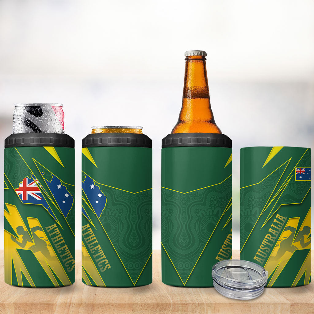 Australia Athletics 4 in 1 Can Cooler Tumbler Australian Flag Map Track Runner Silhouette Green Gold