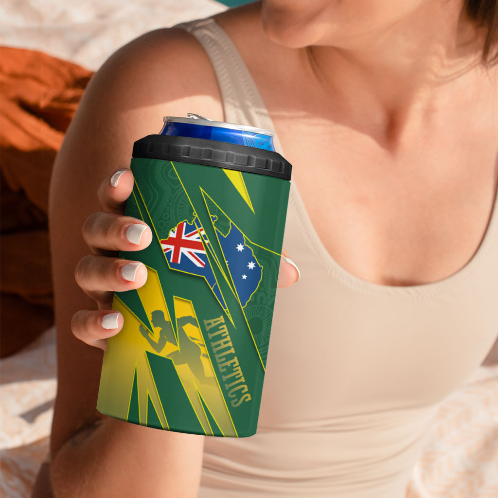 Australia Athletics 4 in 1 Can Cooler Tumbler Australian Flag Map Track Runner Silhouette Green Gold