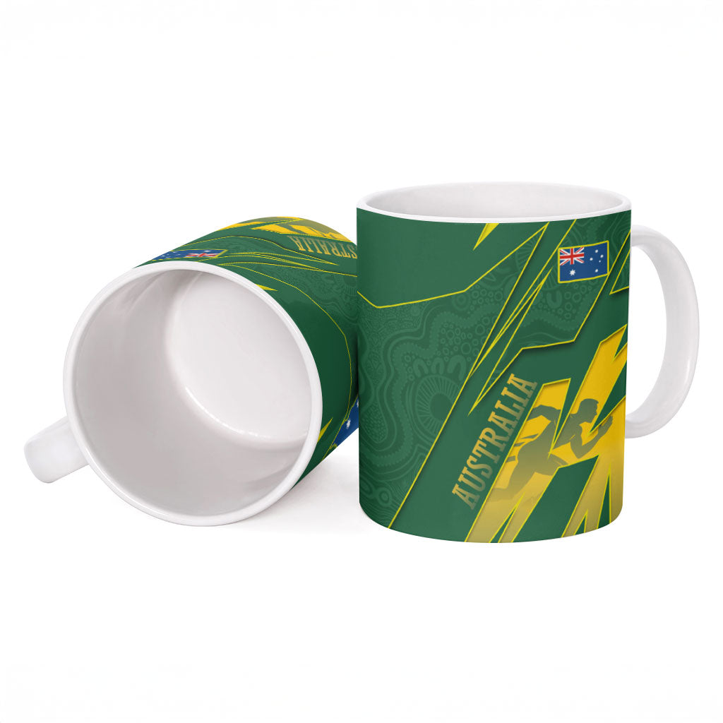 Australia Athletics Ceramic Mug Australian Flag Map Track Runner Silhouette Green Gold