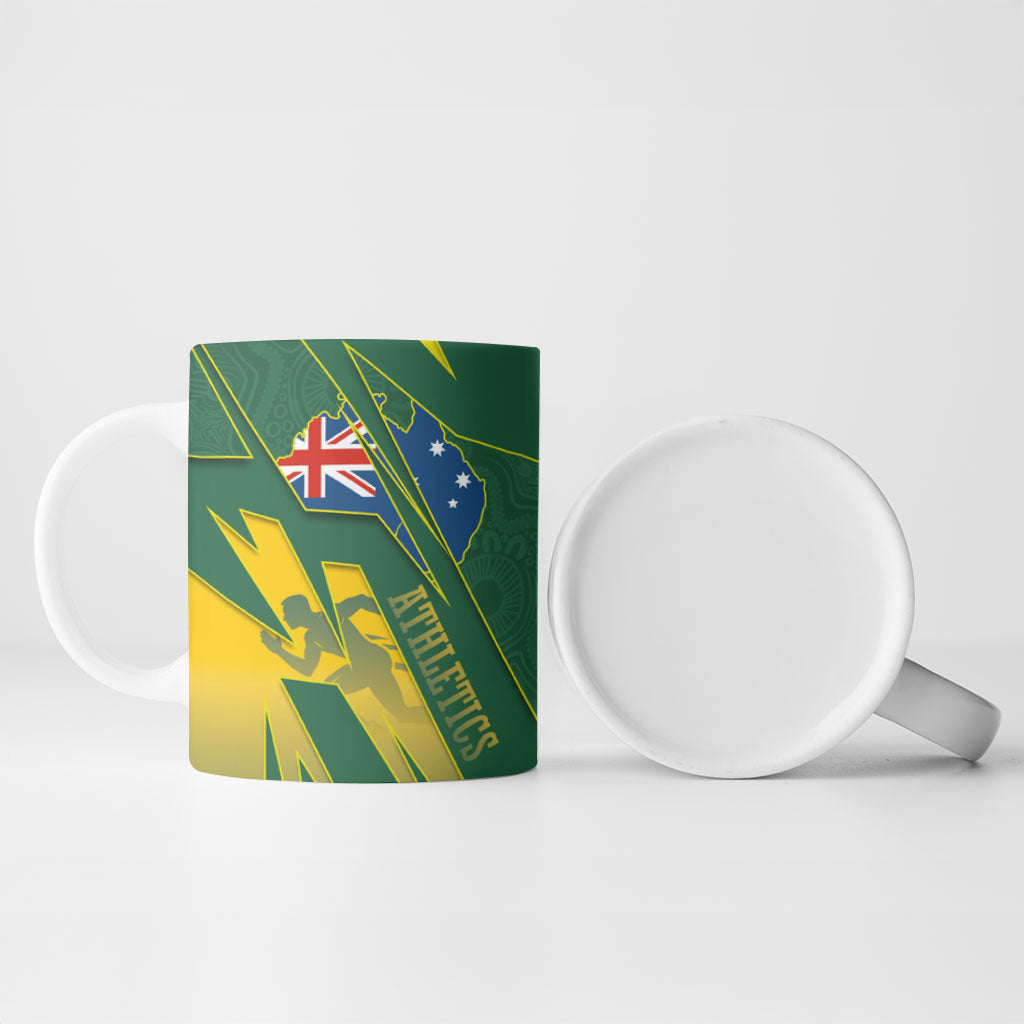 Australia Athletics Ceramic Mug Australian Flag Map Track Runner Silhouette Green Gold