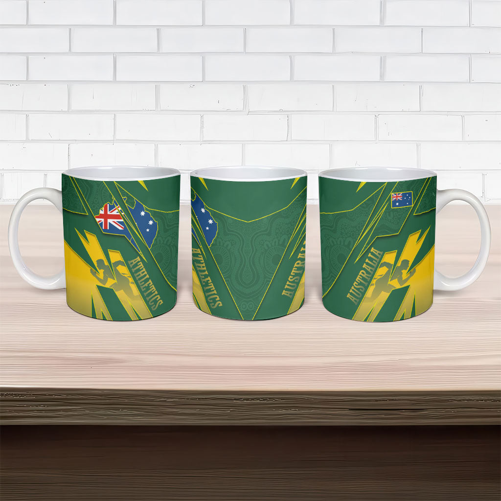 Australia Athletics Ceramic Mug Australian Flag Map Track Runner Silhouette Green Gold