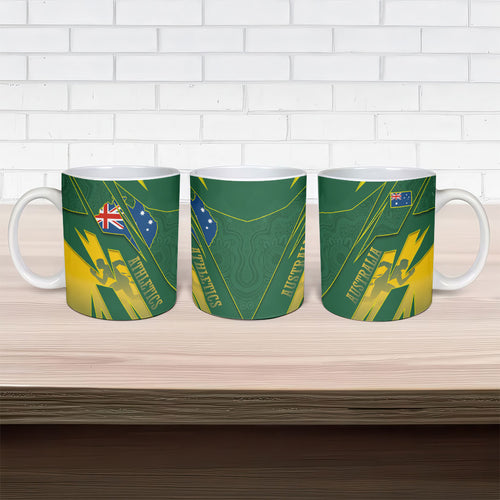 Australia Athletics Ceramic Mug Australian Flag Map Track Runner Silhouette Green Gold