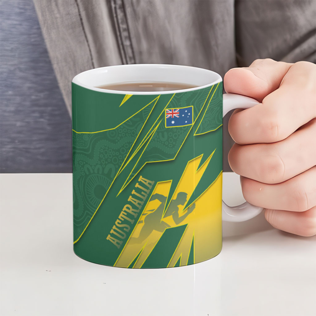 Australia Athletics Ceramic Mug Australian Flag Map Track Runner Silhouette Green Gold