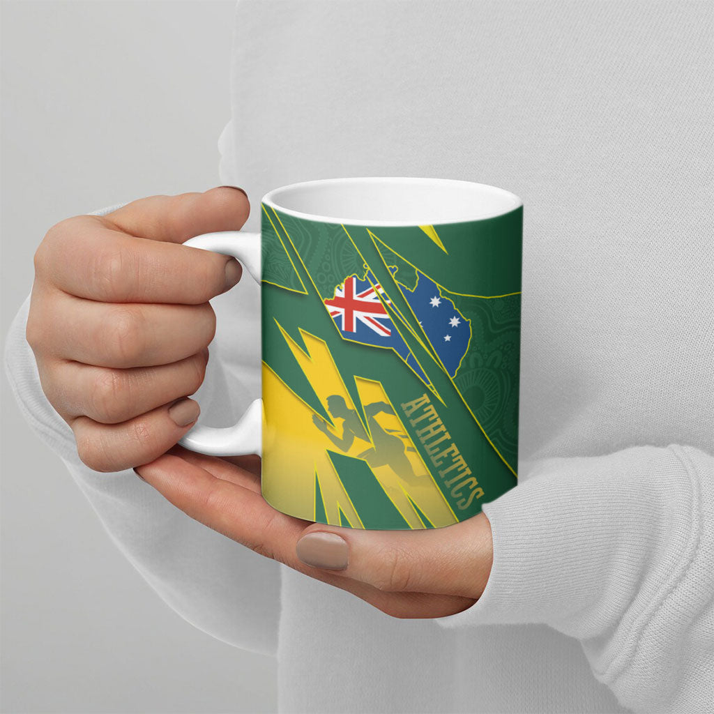 Australia Athletics Ceramic Mug Australian Flag Map Track Runner Silhouette Green Gold