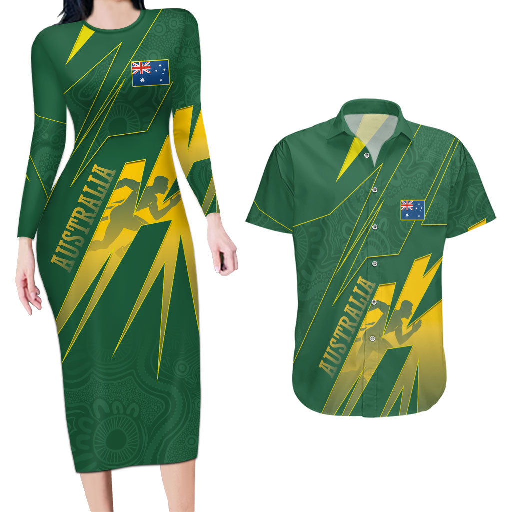 Australia Athletics Couples Matching Long Sleeve Bodycon Dress and Hawaiian Shirt Australian Flag Map Track Runner Silhouette Green Gold