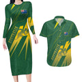 Australia Athletics Couples Matching Long Sleeve Bodycon Dress and Hawaiian Shirt Australian Flag Map Track Runner Silhouette Green Gold