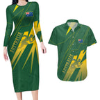 Australia Athletics Couples Matching Long Sleeve Bodycon Dress and Hawaiian Shirt Australian Flag Map Track Runner Silhouette Green Gold