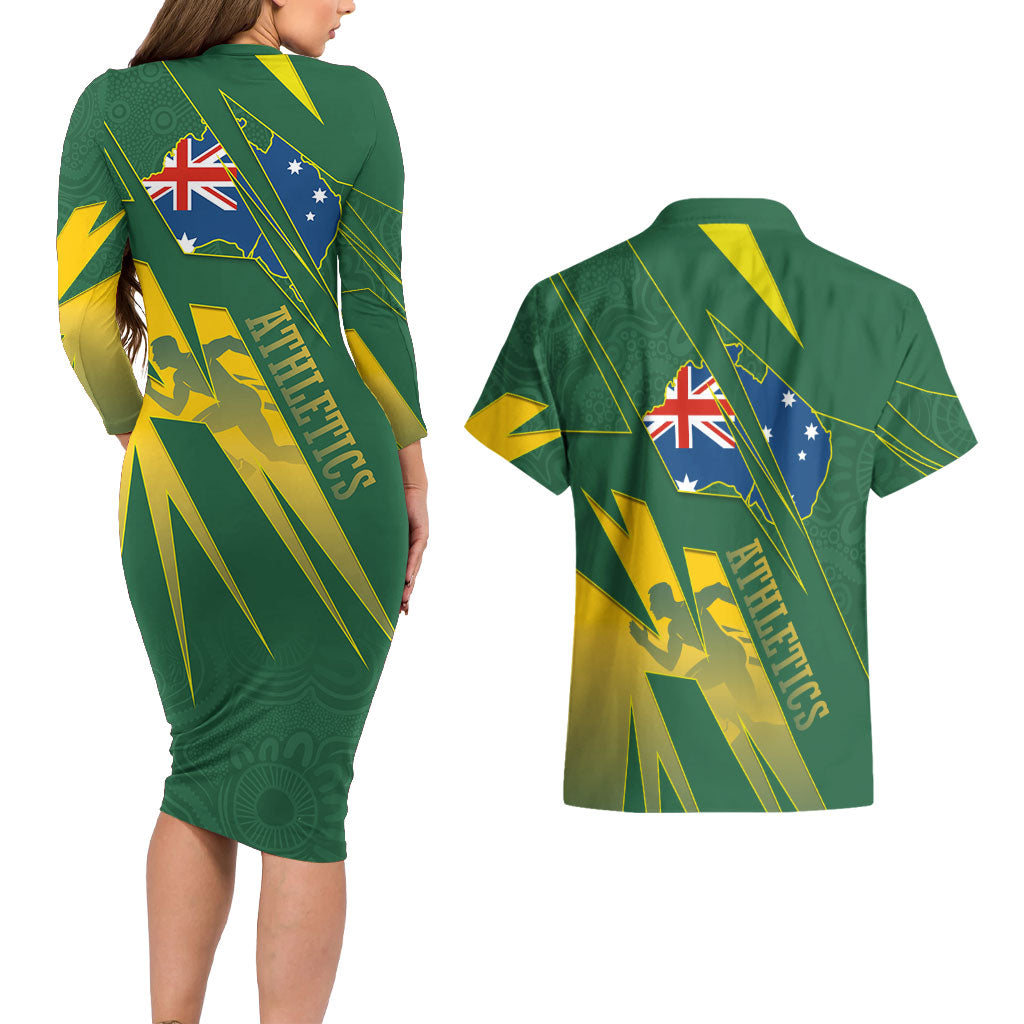 Australia Athletics Couples Matching Long Sleeve Bodycon Dress and Hawaiian Shirt Australian Flag Map Track Runner Silhouette Green Gold