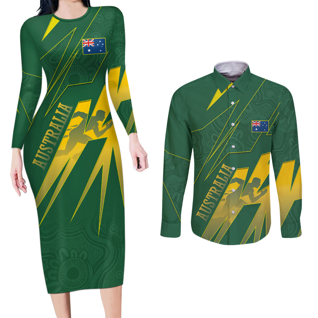 Australia Athletics Couples Matching Long Sleeve Bodycon Dress and Long Sleeve Button Shirt Australian Flag Map Track Runner Silhouette Green Gold